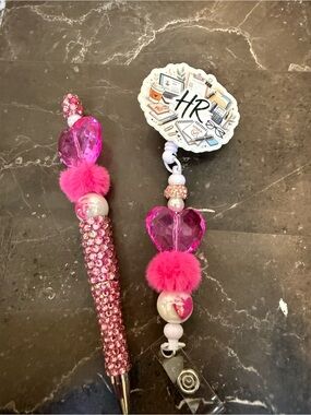 HR Pink Heart Human Resources Rhinestone Beaded Pen and Matching Badge Reel Set